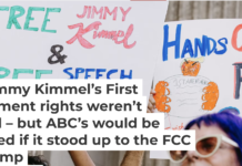A crowd protests in Hollywood, Calif., on Sept. 18, 2025, after the suspension of the ‘Jimmy Kimmel Live!’ taping earlier in the day. David Pashaee / Middle East Images via AFP, Getty Images